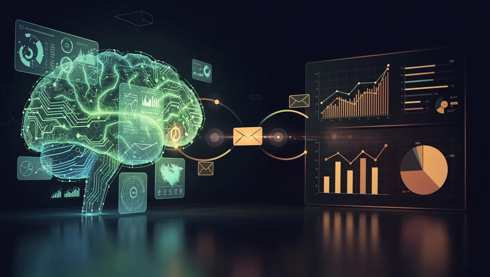 AI vs traditional email marketing analytics - glowing neural network brain with predictive dashboards versus conventional bar charts and metrics