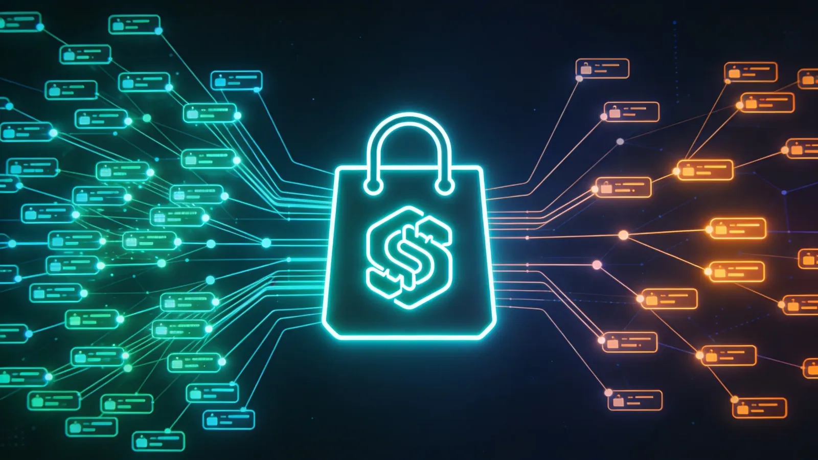 Shopify ecommerce platform integration depth - central shopping hub with dense teal data connections versus simpler orange integrations
