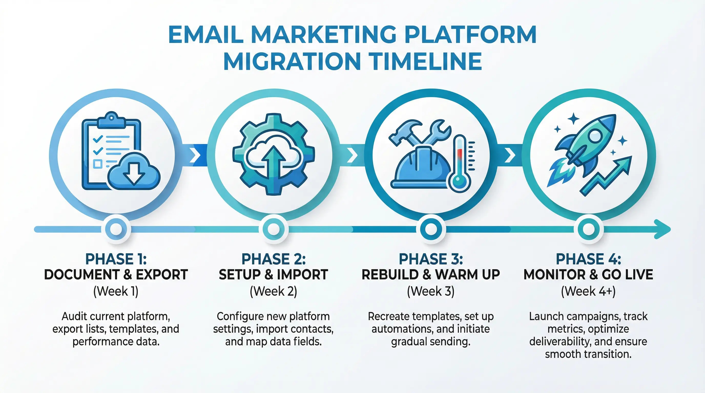 Migration timeline infographic showing 4 phases from documentation to monitoring over 4+ weeks