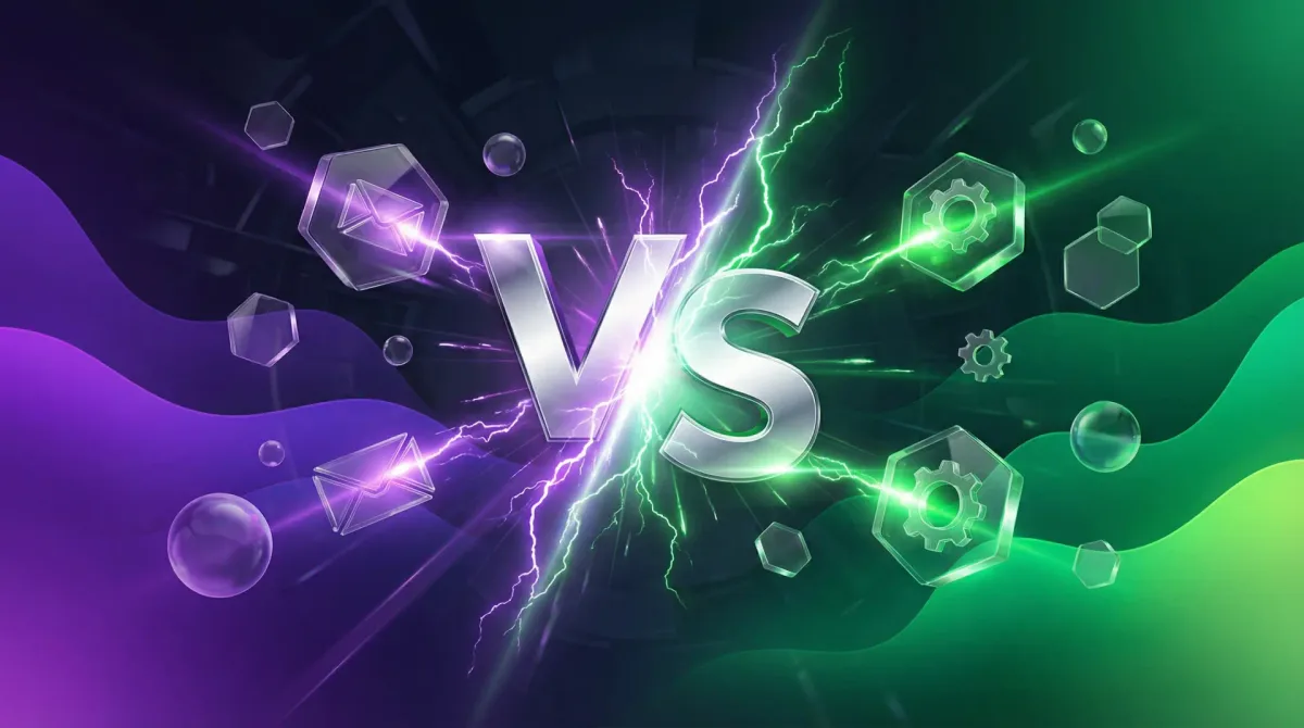 Klaviyo vs Omnisend hero image. Purple and green battle graphic with VS text