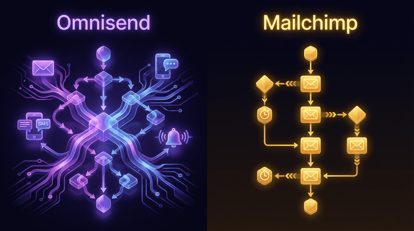 Omnisend vs Mailchimp automation flow comparison showing Omnisend multichannel branching vs Mailchimp email-only linear flow