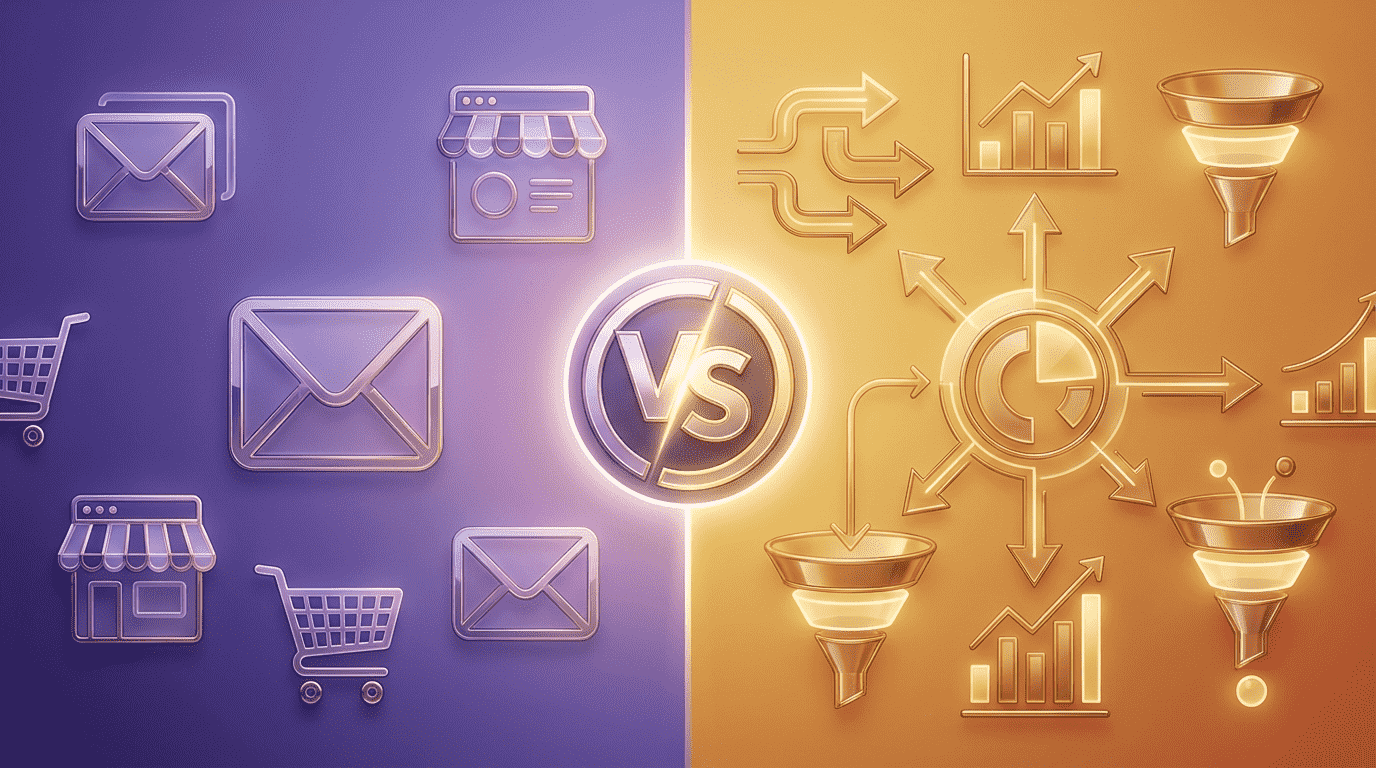 Omnisend vs Mailchimp comparison hero graphic showing email marketing and ecommerce icons in a split-screen VS layout