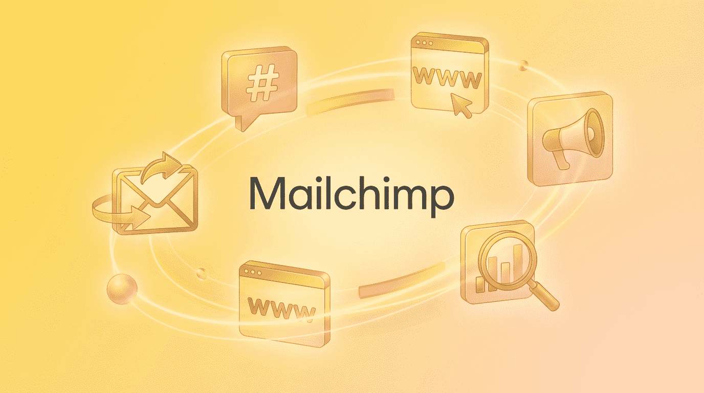 Abstract visualization of Mailchimp as a general-purpose email marketing platform with connected campaign, social, and analytics icons