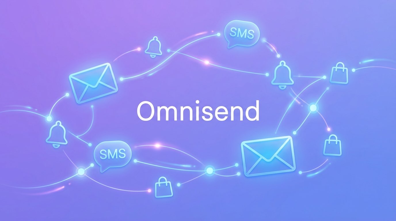 Abstract visualization of Omnisend as a unified ecommerce email and SMS marketing platform with connected icons