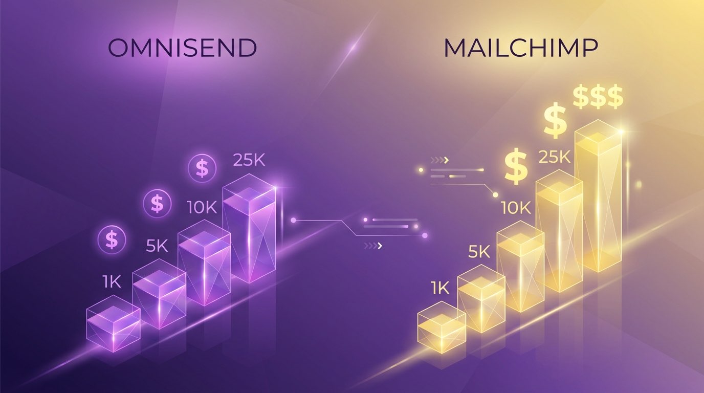 Omnisend vs Mailchimp pricing comparison visualization showing Omnisend as more affordable at scale