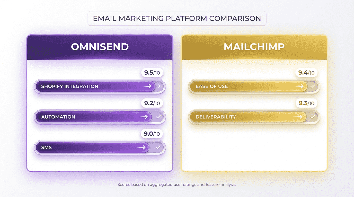 Omnisend vs Mailchimp side-by-side ratings comparison showing Omnisend winning Shopify integration, automation, and SMS while Mailchimp wins ease of use