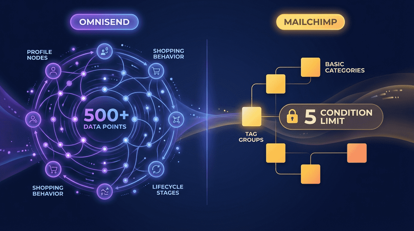 Omnisend vs Mailchimp segmentation comparison showing Omnisend rich behavioral data vs Mailchimp simpler tag-based approach