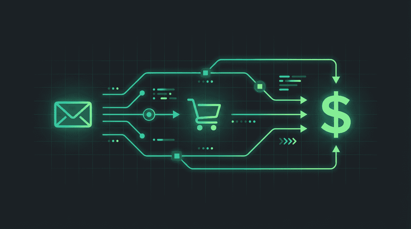 Klaviyo ecommerce data and revenue flow visualization showing customer journey from email to purchase