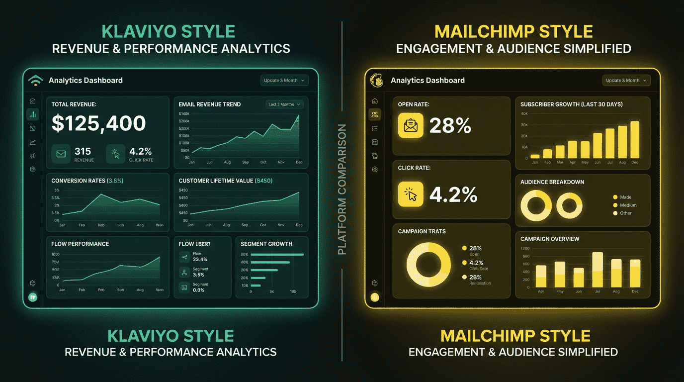 Klaviyo vs Mailchimp analytics dashboard comparison showing revenue metrics and engagement data