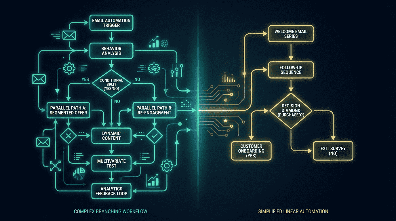 Klaviyo vs Mailchimp automation flow builder comparison showing complex vs simple workflows
