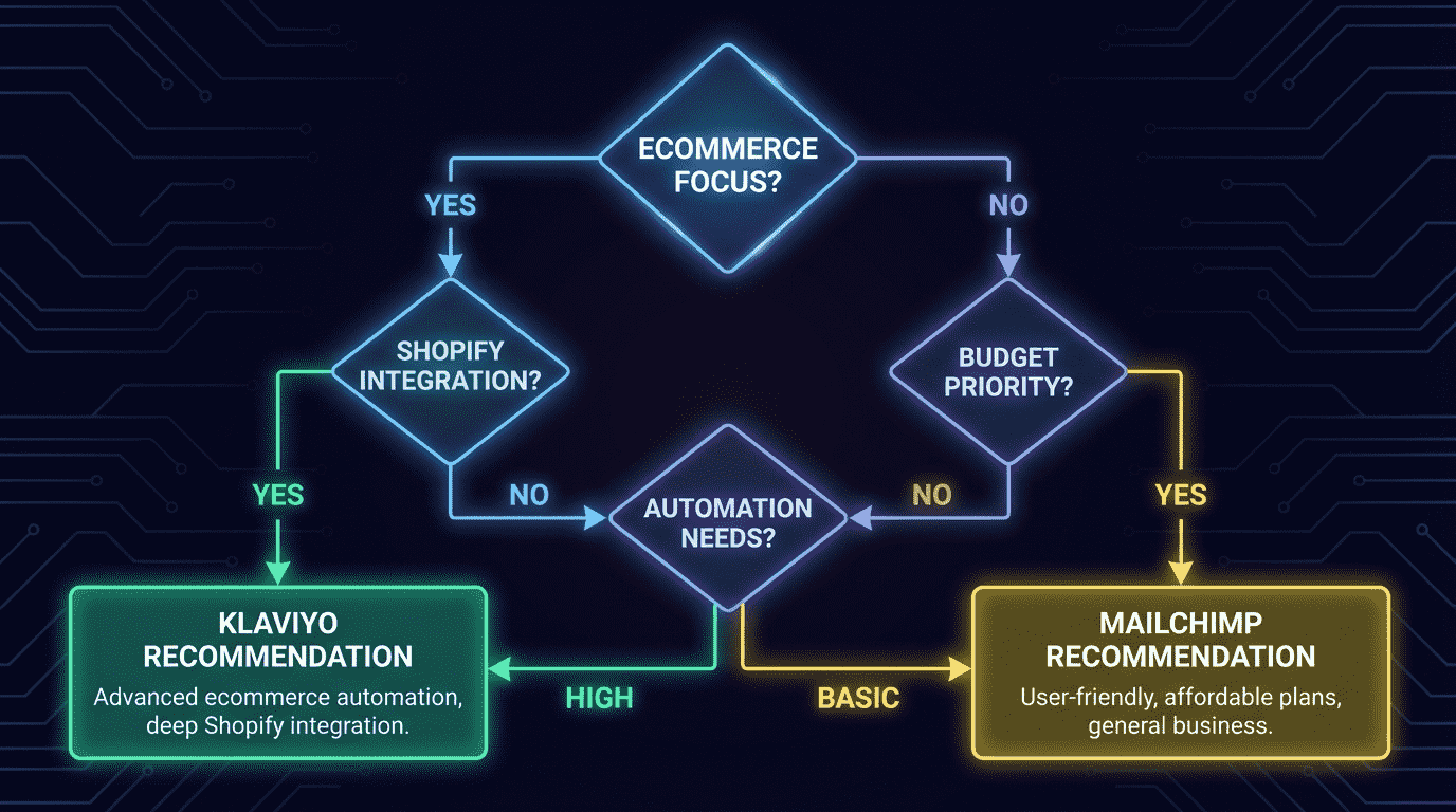 Decision flowchart to help choose between Klaviyo and Mailchimp based on ecommerce needs, budget, and automation requirements