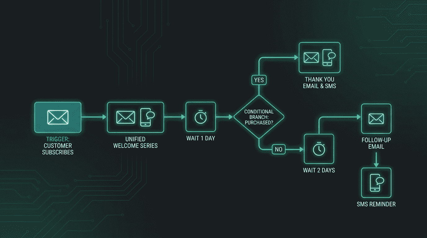 Klaviyo unified SMS and email automation flow showing connected marketing touchpoints