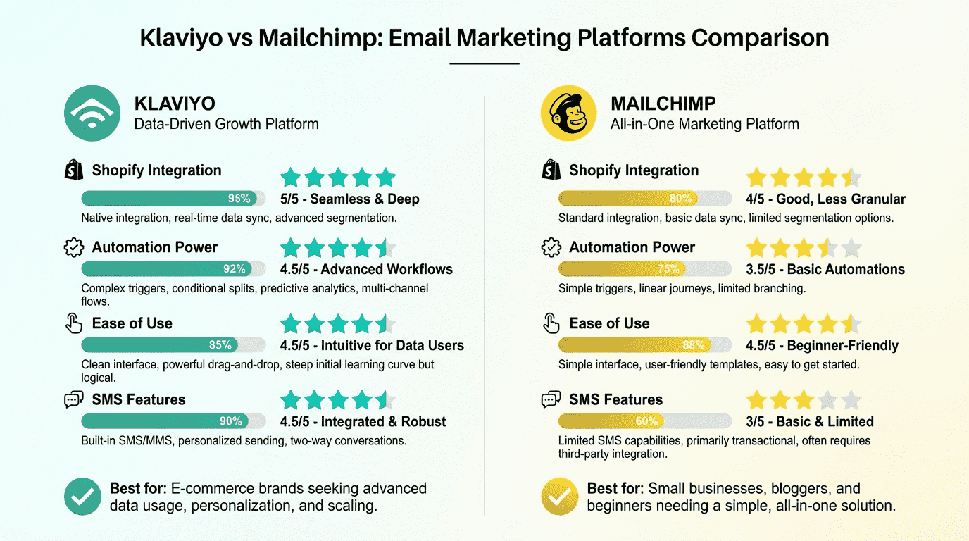 Klaviyo vs Mailchimp comparison ratings infographic showing Shopify integration, automation power, and ease of use scores