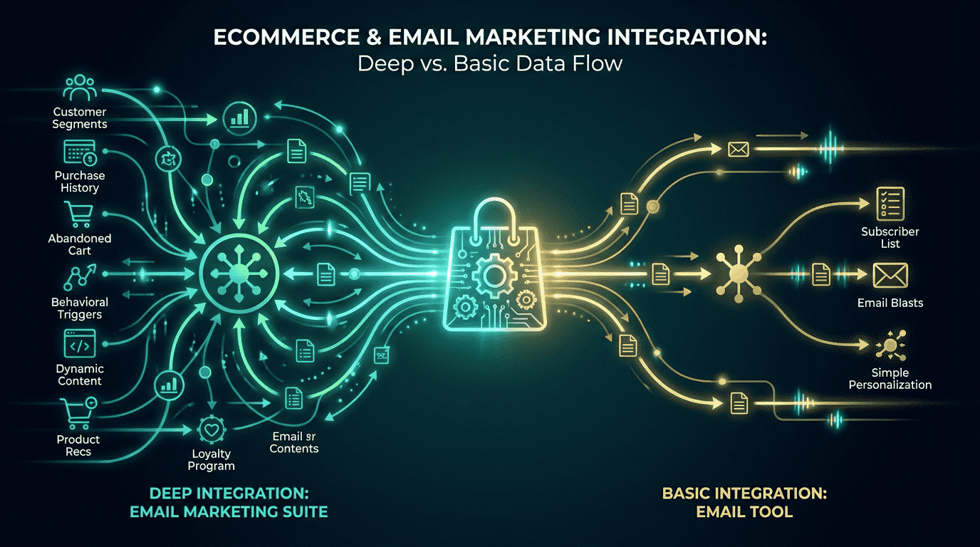 Shopify integration data flow diagram comparing Klaviyo deep integration vs Mailchimp basic sync