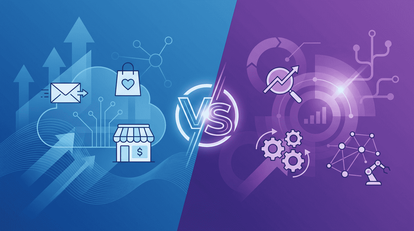 Shopify Email vs Klaviyo comparison showing split screen with Shopify in blue and Klaviyo in purple